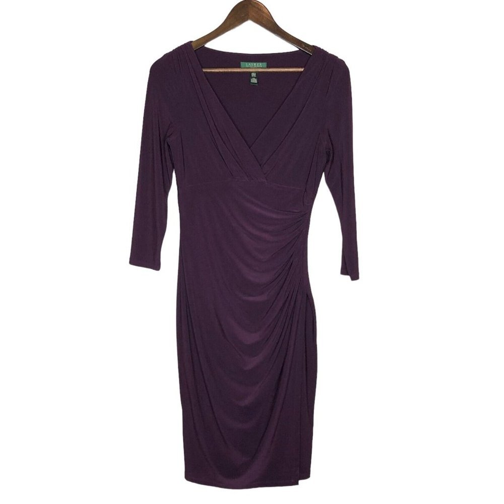 Lauren Ralph Lauren Purple‎ 3/4 Sleeve Ruched V-Neck Dress Size 4